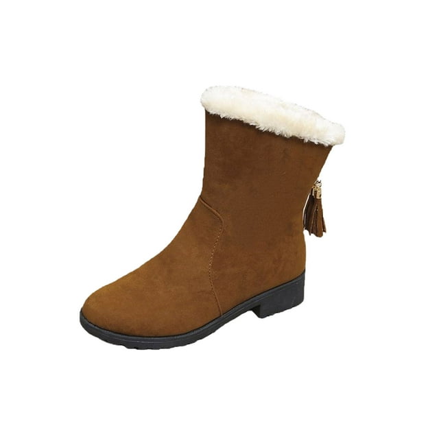 CEHVOM Bottes de Neige pour Femmes en Suède d'Hiver Chaudes à Bout Rond avec Polaire Plate, Tige Moyenne, Franges