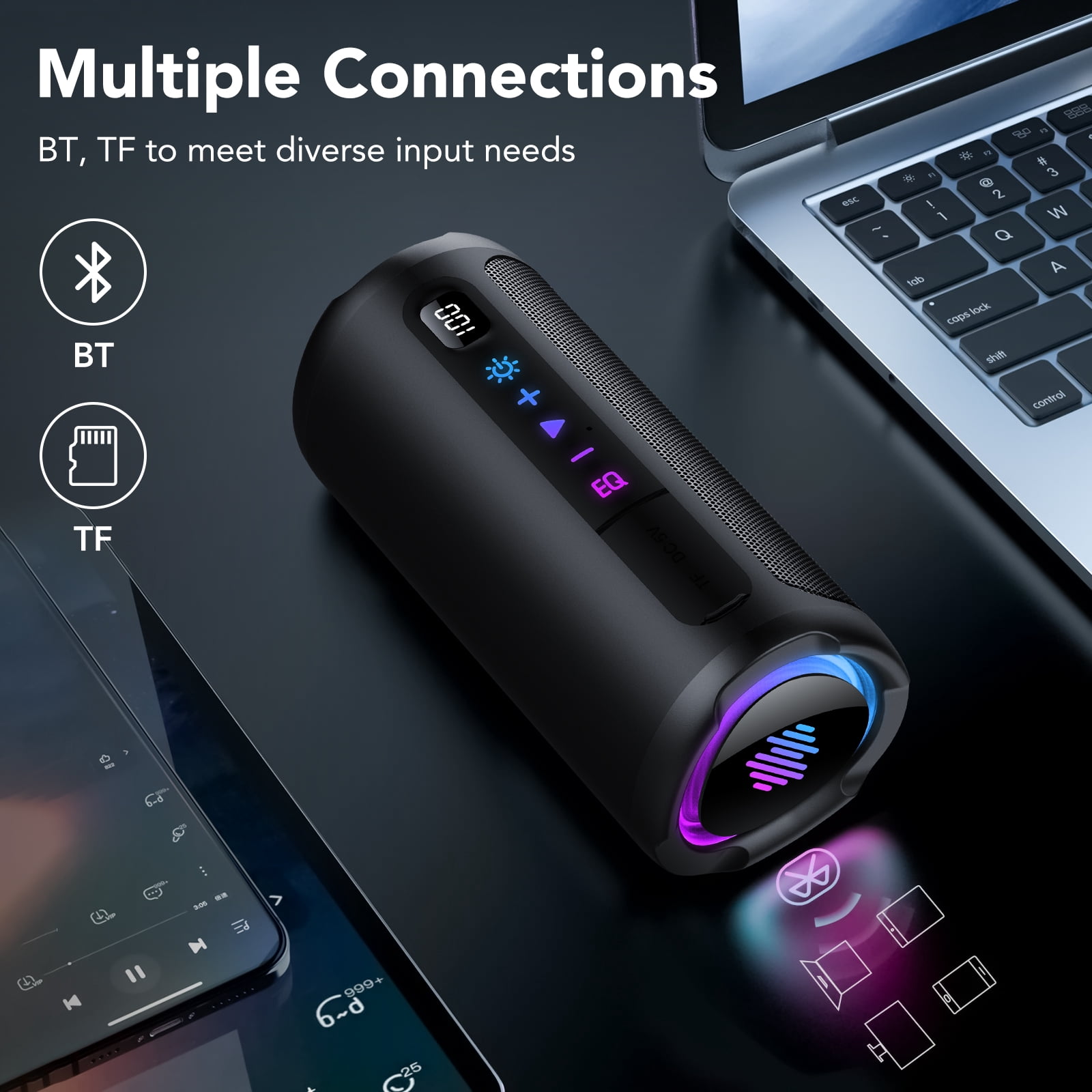 Bluetooth Speaker, 2026 Portable Wireless Speakers with Led Light, Bluetooth 5.4, 30H Playtime, Enhanced Bass, IPX7 Waterproof, Outdoor Speaker for Travel, Sport, Party, Biking.