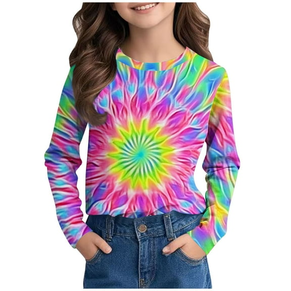 AUNVITO Girls Long Sleeve Prints Shirts Cute Crewnecks Dressy Casual Blouses Clothes Round Neck Shirts