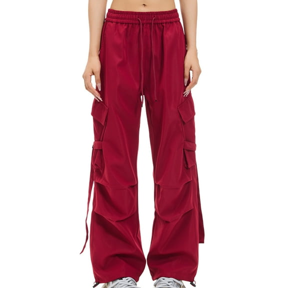 Women Cargo Pants Baggy Multi Pockets High Waist Loose Straight Leg Sports Pants Outdoor Hiking Drawstring Trousers Wine XXL
