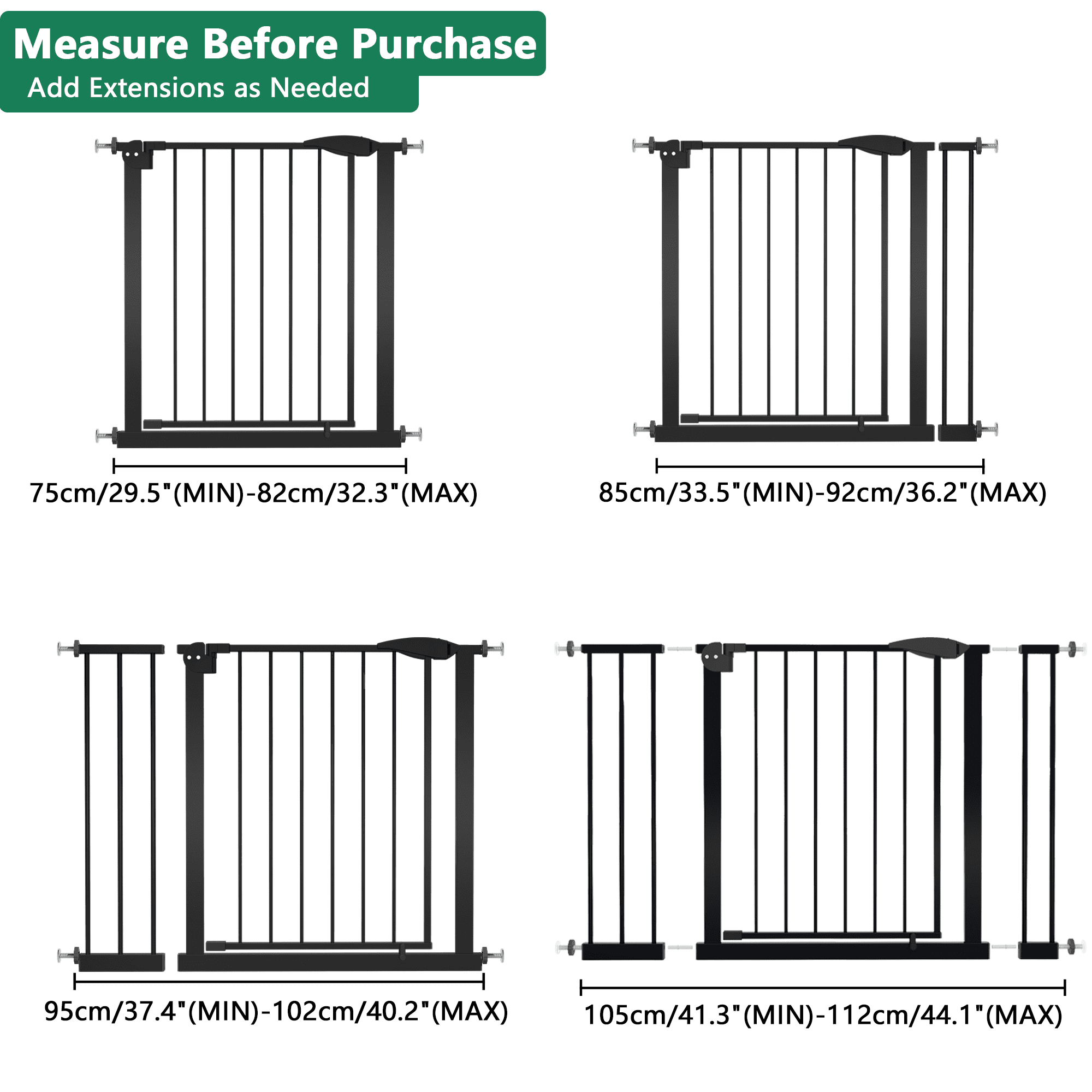 LuckyNote Adjustable Dog Gate for Stairs & Doorways, 29.5-44.1" Wide Pressure Mounted Pet Gate, No Drilling Easy Walk Through Safety Gate – Black