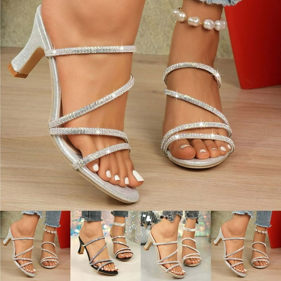 HaiMao Women's Rhinestone Sparkly Square Open Toe Low Heel Sandals Party Dress Pumps Shoes Silver 9.5(43)