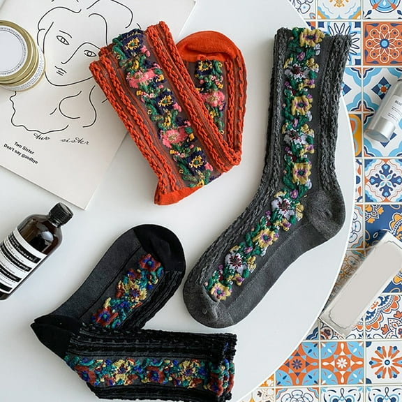 dianhelloya 1 Pair Middle Tube Twist Warm Women Socks Flower Pattern Ethnic Print Crew Socks for Autumn Winter Dark Gray