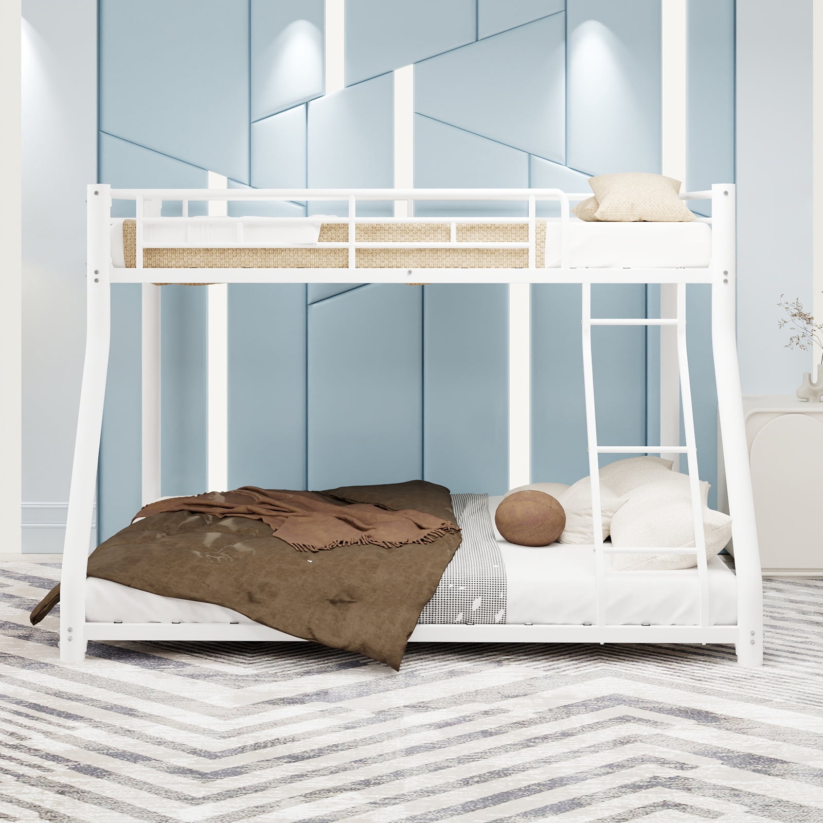 Metal Bunk Bed Twin Over Full Size with Removable Stairs, Heavy Duty Sturdy Frame with 12" Under-Bed Storage for Teen & Adults, Teens, No Box Spring Needed, White