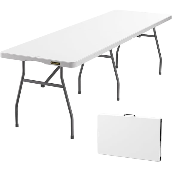 FanttikOutdoor 8ft Folding Table with Six Legs, 500 LBS Heavy Duty Plastic Fold-in-Half Table, Foldable Table w/Handle for Indoor Outdoor Party Wedding Office Camping Banquet, White Zeta X8 Pro