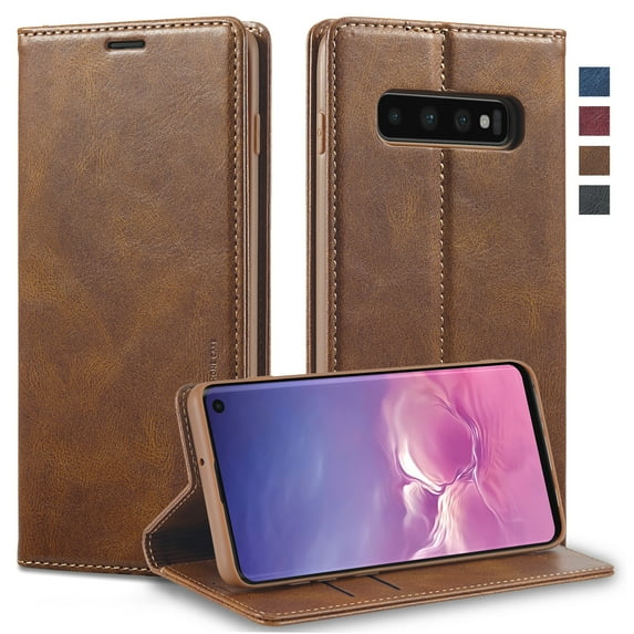 Compatible for Samsung Galaxy S10 Plus 6.4 Inch Wallet Case, Luxury PU Leather RFID Blocking Flip Case with Card Slots Holder Kickstand Magnetic Clasp Cover Soft Silicone Shockproof Folio Case,Brown