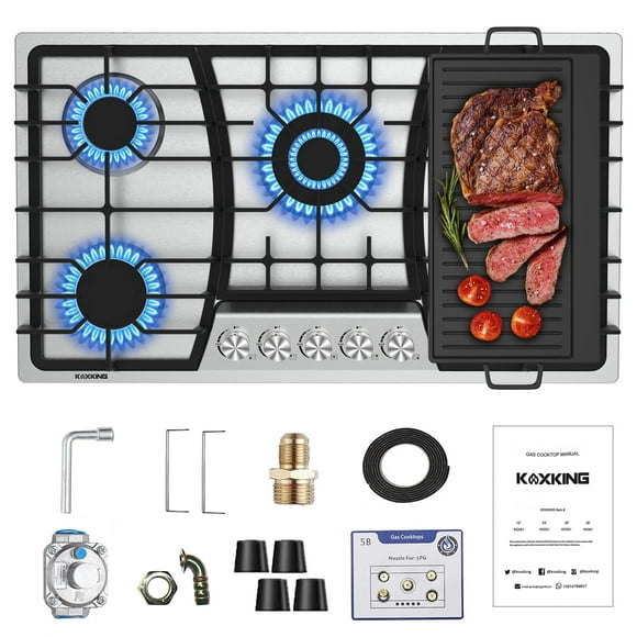 Estufa a gas KOXKING de 36 pulgadas con plancha de 5 quemadores de acero inoxidable