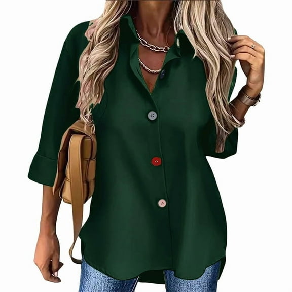 Womens Fashion Casual Button Down Shirt Long Sleeve Collar Loose Regular Blouses Fall Tops Green XXL