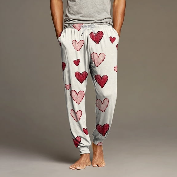 CCRFTGI Valentines mens pajama pants Casual Funny Love Heart Print Pj Pants Loose Elastic Waist Pajamas Pants Holiday 2026 Fashion Sleep Bottoms Deep Red XXXL