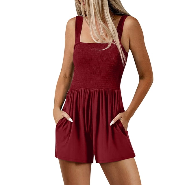 biudgviw Rompers for Women Summer Casual Sleeveless Strap Square Neck Ruched Jumpsuits Fashion Overall Shorts with Pockets