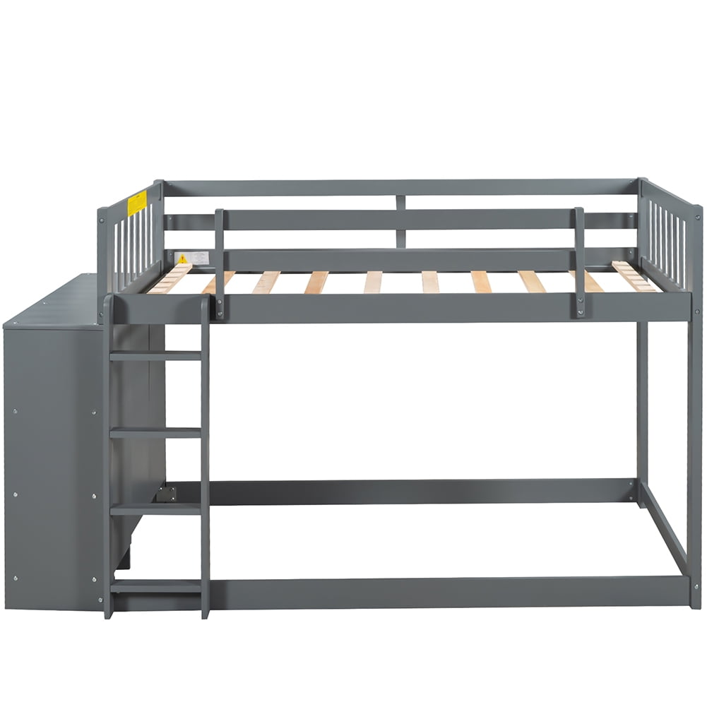 Private Jungle Twin over Twin Bunk Bed with Attached Cabinet and Shelves Storage,Gray