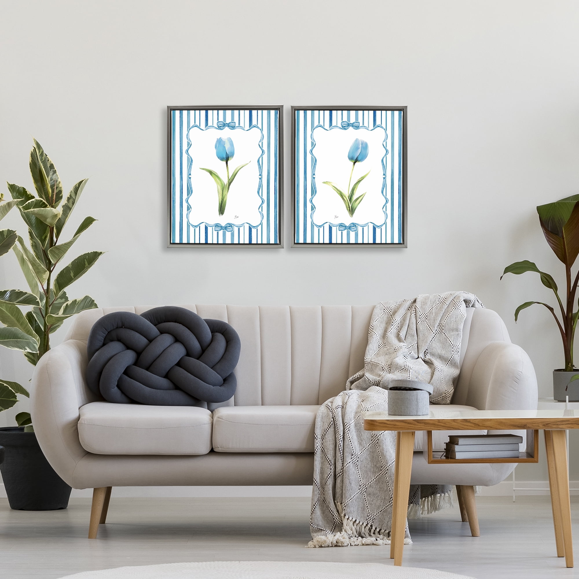 Stupell Industries Blue Tulips with Feminine Ribbon 2 Piece Gray Framed Floater Canvas Set, design by Nan