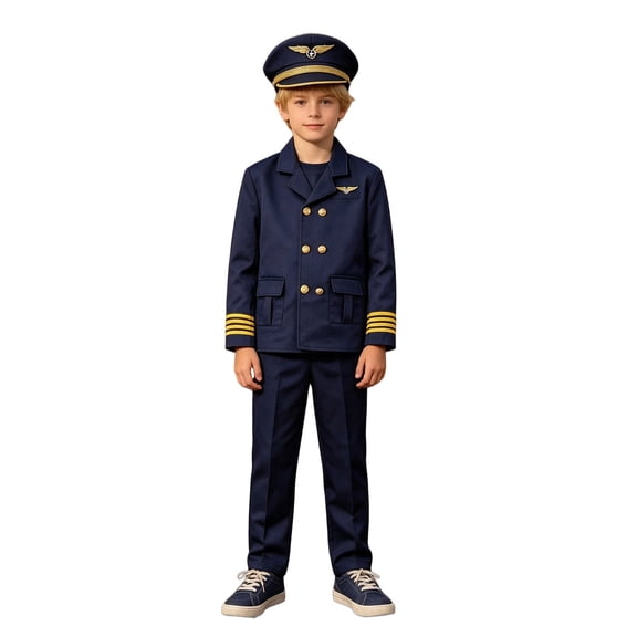 YunPes Boys Pilot Uniform Double-Breasted Navy Suit Jacket Matching Suit Trousers & Officer Hat Halloween Birthday Party School Event Role Dress-Up