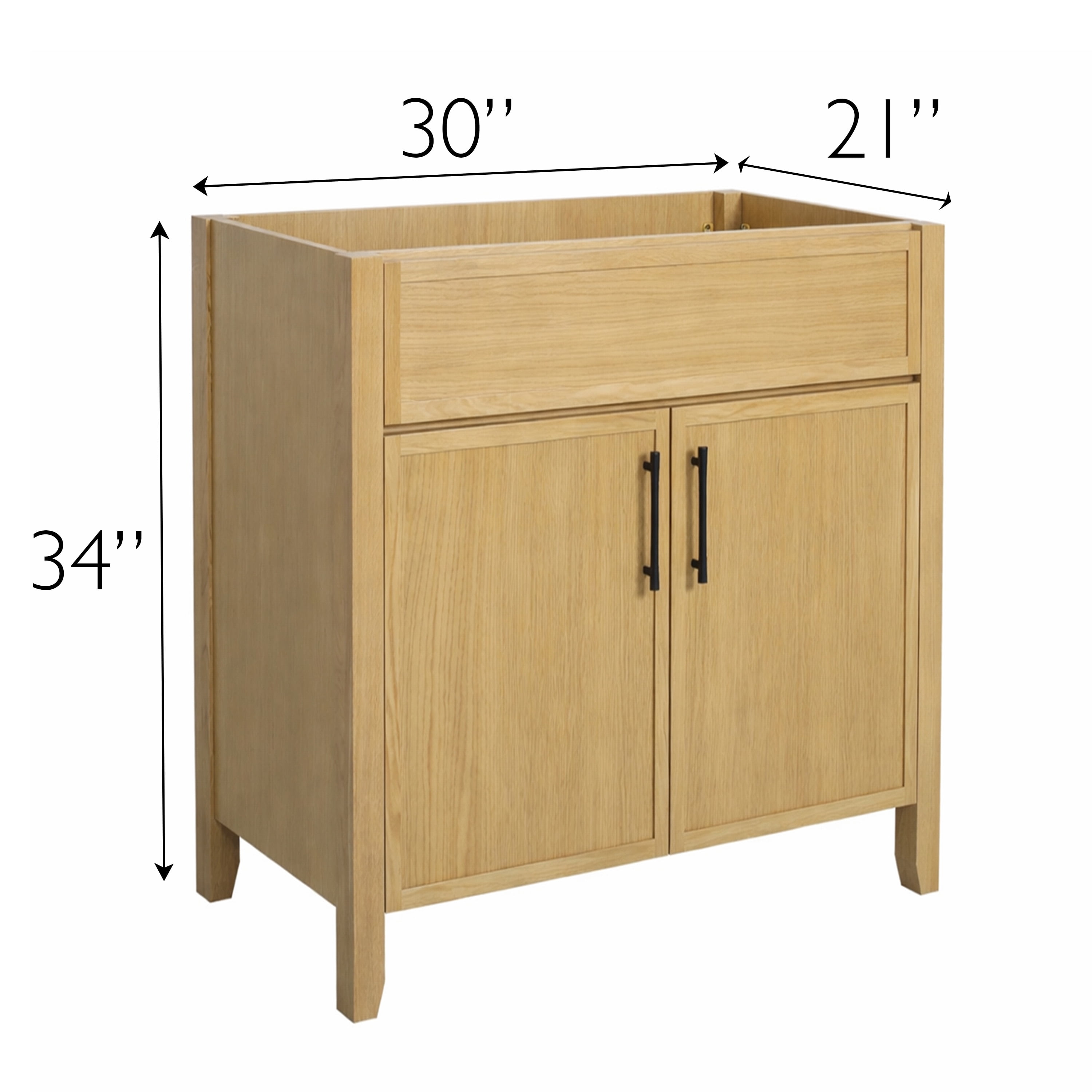Design House Dawson 30-Inch Bathroom Vanity Cabinet, Fully Assembled, 2-Door Freestanding, Comfort Height 34 in., Riffed Oak, Matte Black Hardware, 228429-ROAK-FA