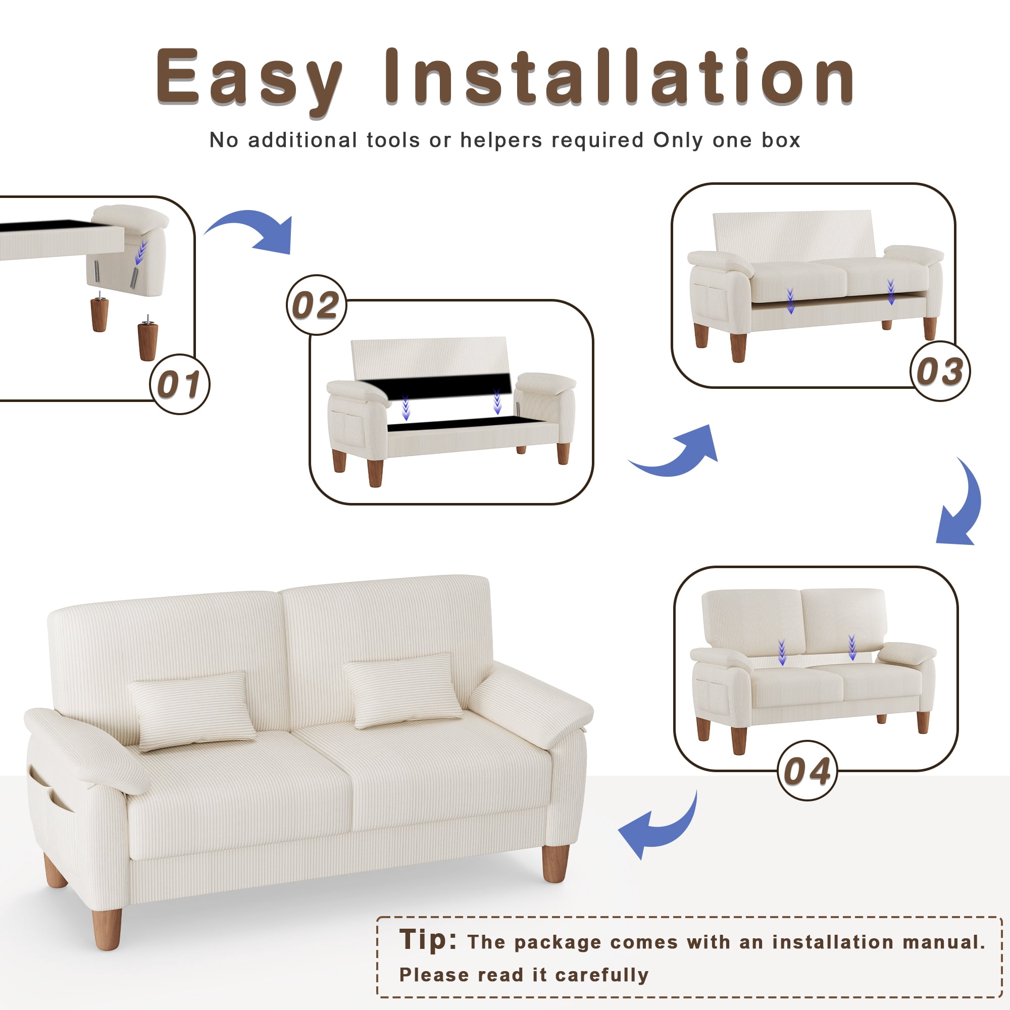 71” Corduroy Sofa for Living Room, AAQZ Small Comfy Couch for Small Space, One Box, Loveseat,Beige