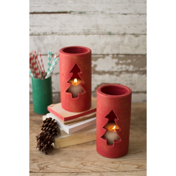Kalalou H3641 Clay Christmas Tree Luminary, Red