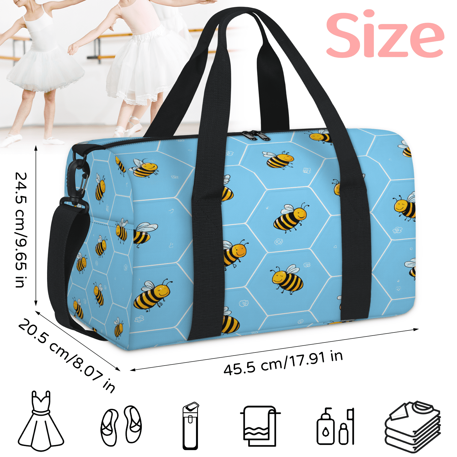 Herdesigns Cute Yellow Bee Gym Bag for Women, Duffle Bag for Travel Sport, Honeycomb Lightweight Waterproof Carry on Weekender Dance Yoga Workout Bags