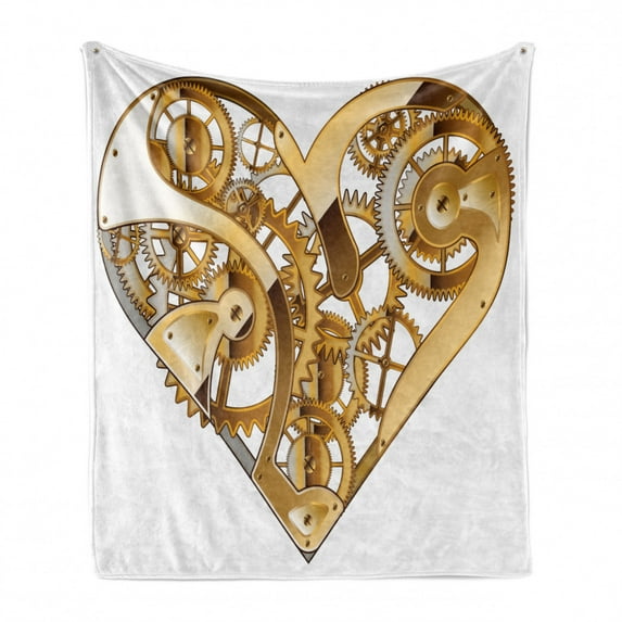 Industrial Soft Flannel Fleece Throw Blanket, Mechanic Heart Physical Bodies Complex Structure of Love Techno Romance, Cozy Plush for Indoor and Outdoor Use, 70" x 90", Pale Brown White, by Ambesonne