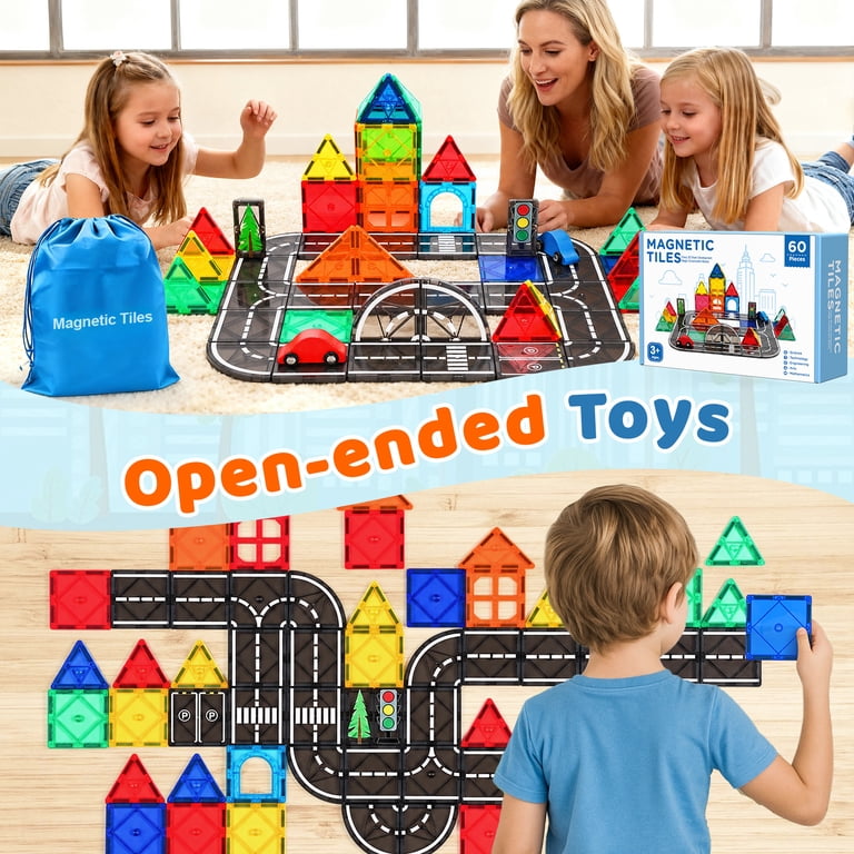 FunMagic Magnetic Tiles Road Set, Magnetic Building Tiles with 2