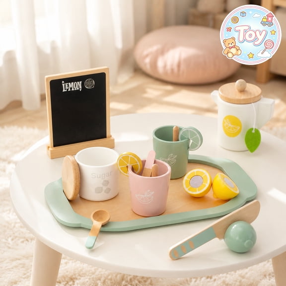 Wooden Afternoon Tea Pretend Play Set with Teapot, Cups, Desserts and Serving Tray, Tea Party Toys, Snack Time Role Play Kit, Christmas Birthday Gifts, Toys for Toddler Baby Kids Boys Girls, Age 3