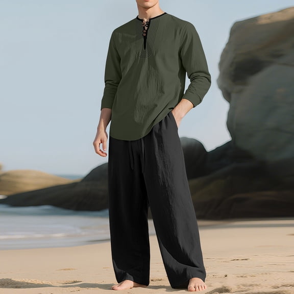 Donemore Men's Casual Long Sleeve Round Neck Two-Piece Set with Solid Color Pocket and Elastic Waistband Design for Daily Versatile Comfortable Outfit