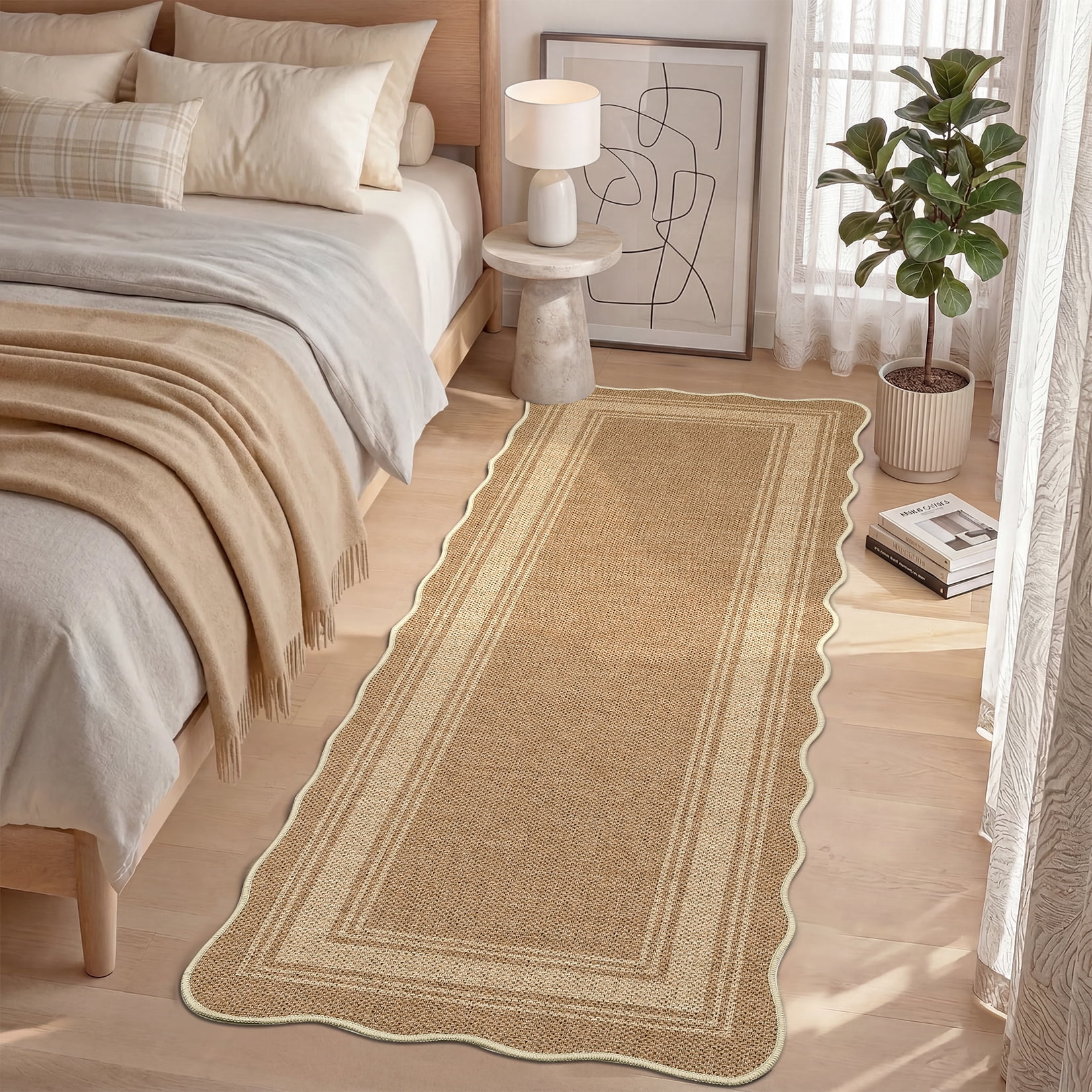 HIWEAVER Yellow 2' x 6' Easy Jute Runner for Kitchen Non Slip Stain Resistant Scalloped Indoor Outdoor Throw Carpet Non Shedding Modern Geometric Mat for Hallway Outdoor Patio Rug