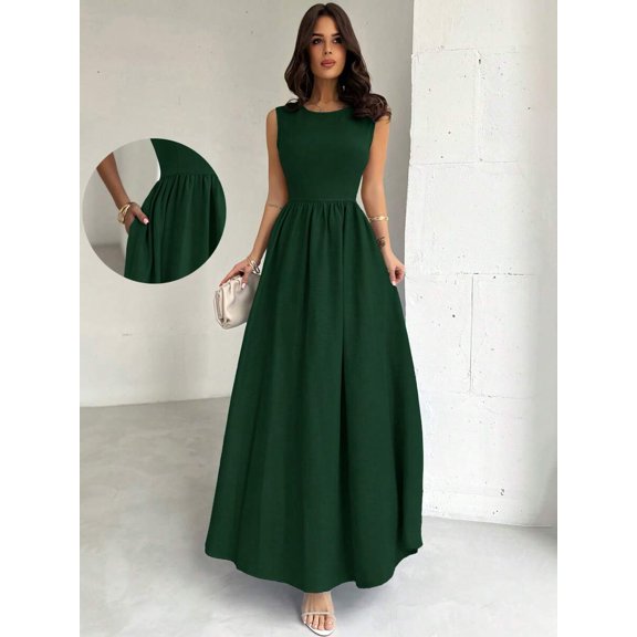 Dark Green Womens Fitted A-Line Maxi Dress, Sleeveless, Waist Cinched, Elegant Formal Dress For Events