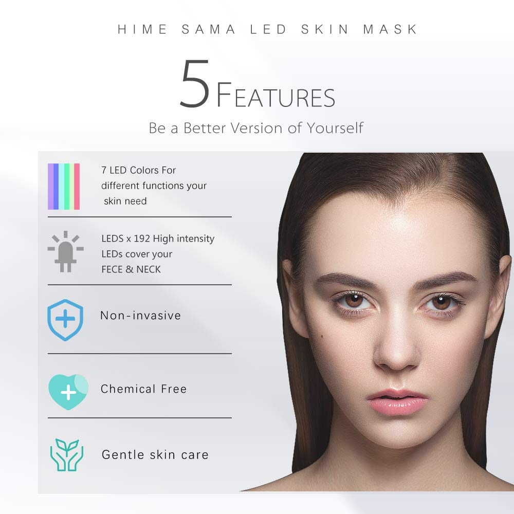 HIME SAMA Led Skin Mask, Pro 7 Color LED Face Mask Light Therapy for Face and Neck, Facial Care Mask & Optical Cosmetic Mask Portable for Home and Travel Use - image 3 of 6