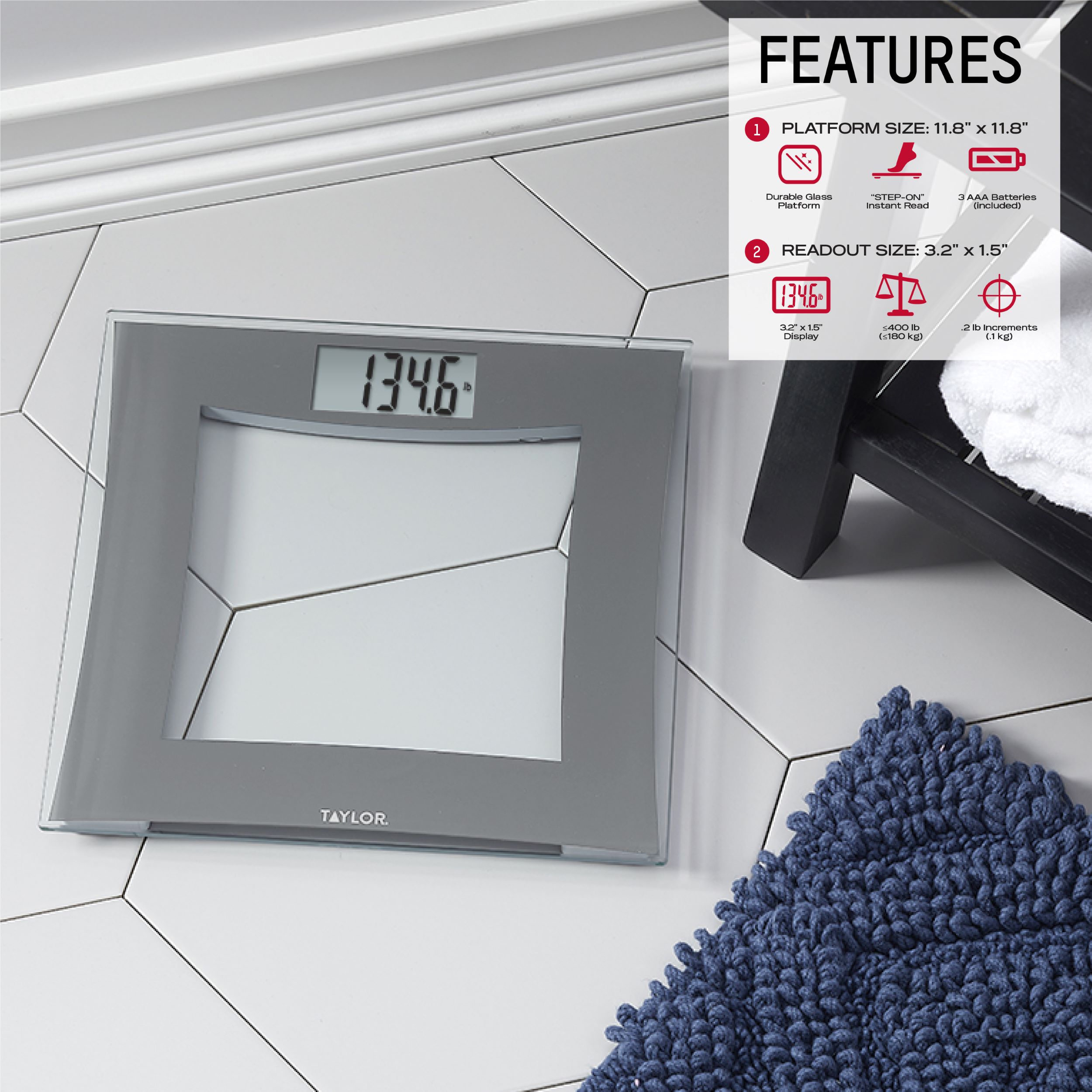Taylor 11.8-inch x 11.8-inch Tempered Glass Digital Body Weight Scale, Gray