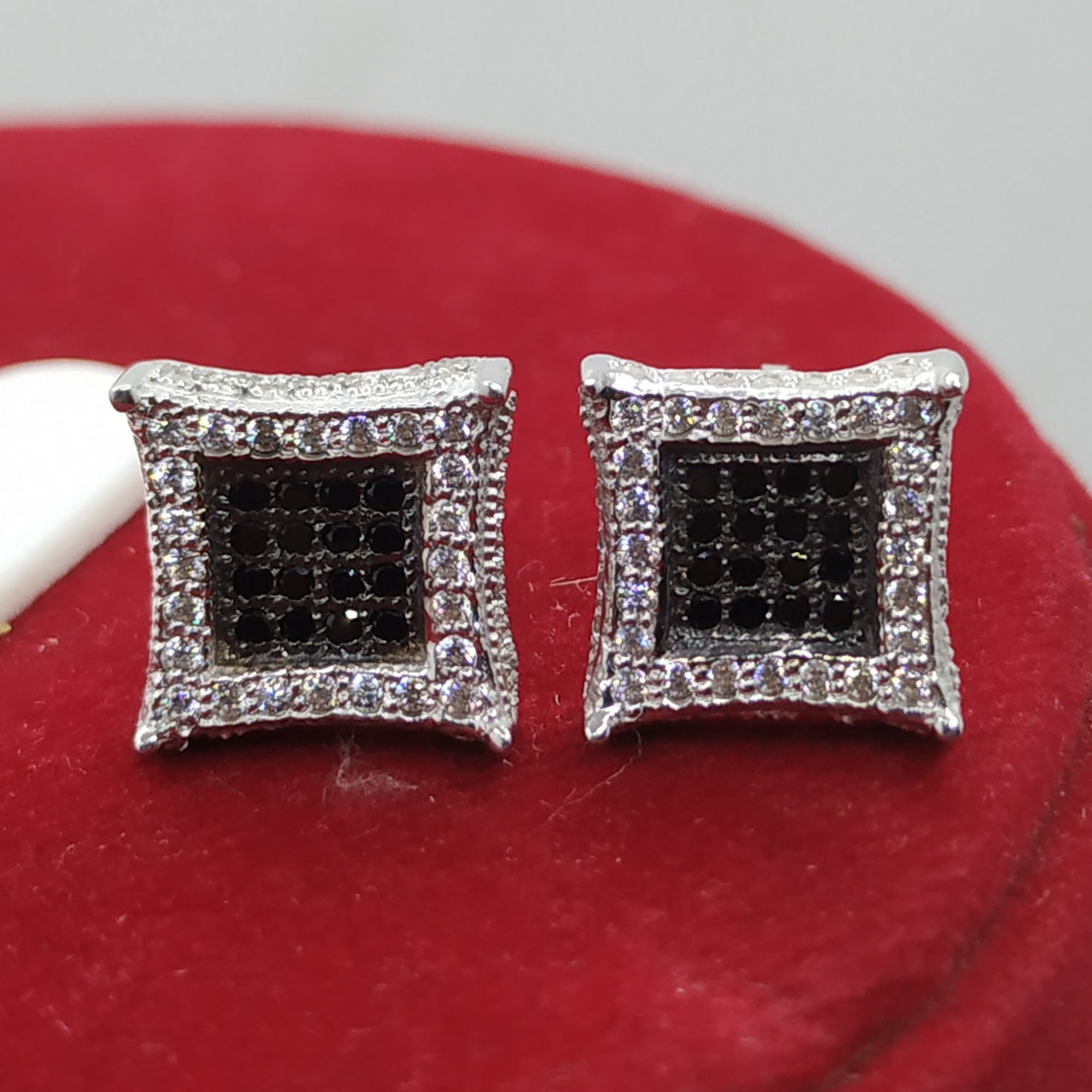 0.25 CT Men's 925 Silver Kite Shape Earrings with Clear, Black & White CZ Square Stud Design, 10mm, 14K White Gold Plated Silver - Unisex Earrings for Men and Women