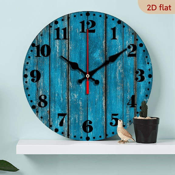 2D Flat 1pc 10Inch WoodenRustic 10-Inch Round Silent Wooden Wall Clock, Vintage No Ticking Clock For Bedroom, Living Room, Kitchen, Office, School Decor - Blue Wood Grain