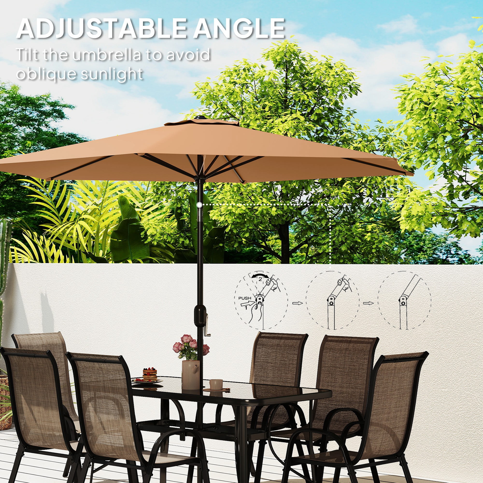 Outsunny 8 Piece Patio Furniture Set with Umbrella, Outdoor Dining Table and Chairs, 6 Chairs, Push Button Tilt and Crank Parasol, Glass Top, Brown