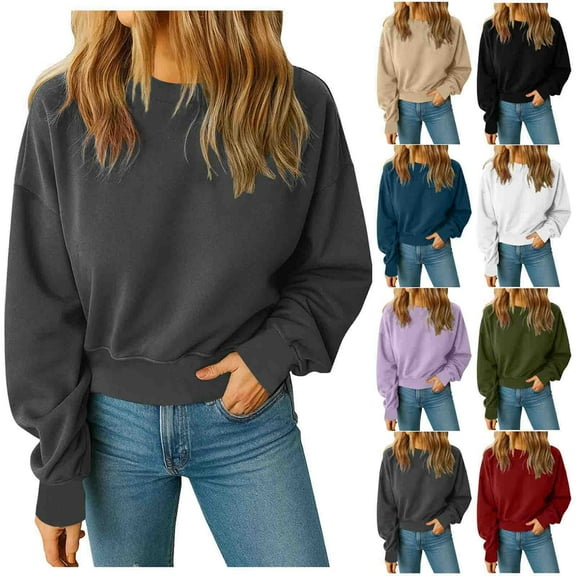 HVOBTTY Women's Long Sleeved Sweatshirts, Fall and Winter Tops for Women, Women's Fashion Solid Color Crew Neck Long Sleeve Cropped Loose Pullover Sweatshirt Beige, Beige