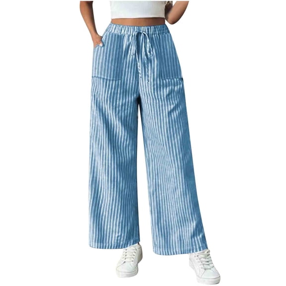 Juslio Pants for Women Comfortable Striped High Waist with Pockets Drawstring Straight Pants
