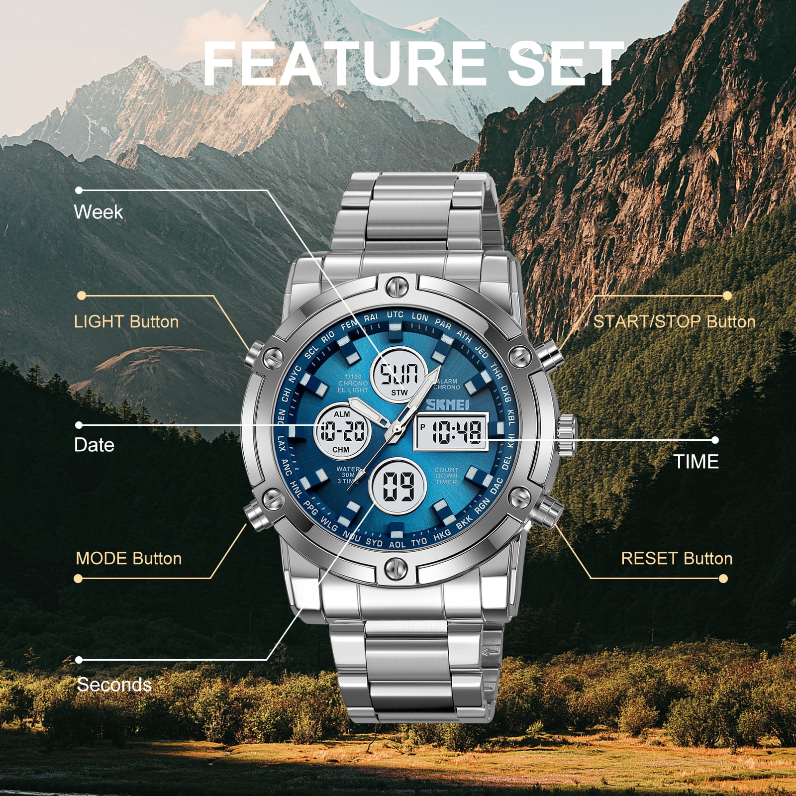 SKMEI Mens Wrist Watch, Waterproof Military Analog Digital Watches with LED Multi Time Chronograph, Stainless Steel Business Quartz Watches for Men