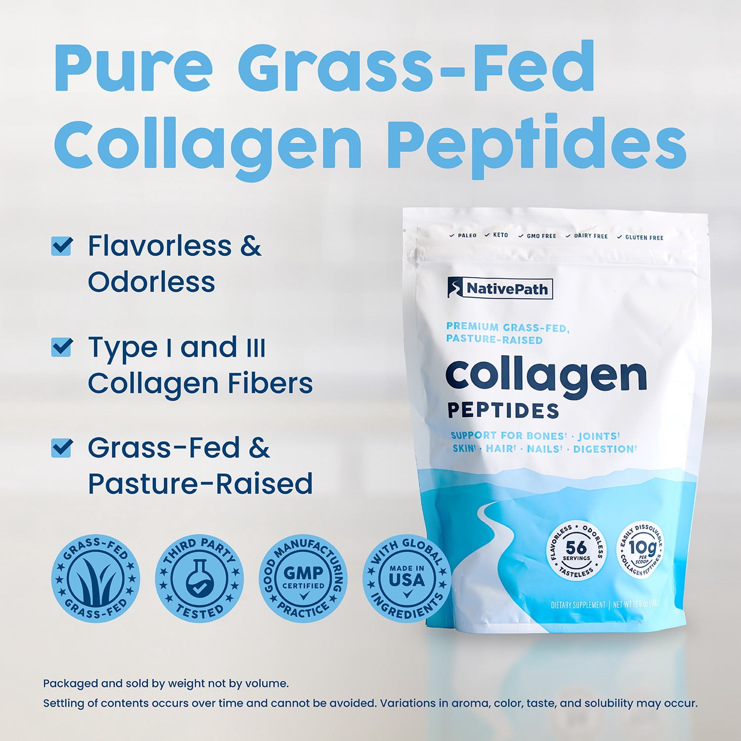 NativePath Collagen Peptides Protein Powder, Grass-Fed Type 1 and 3, Unflavored, 56 Servings