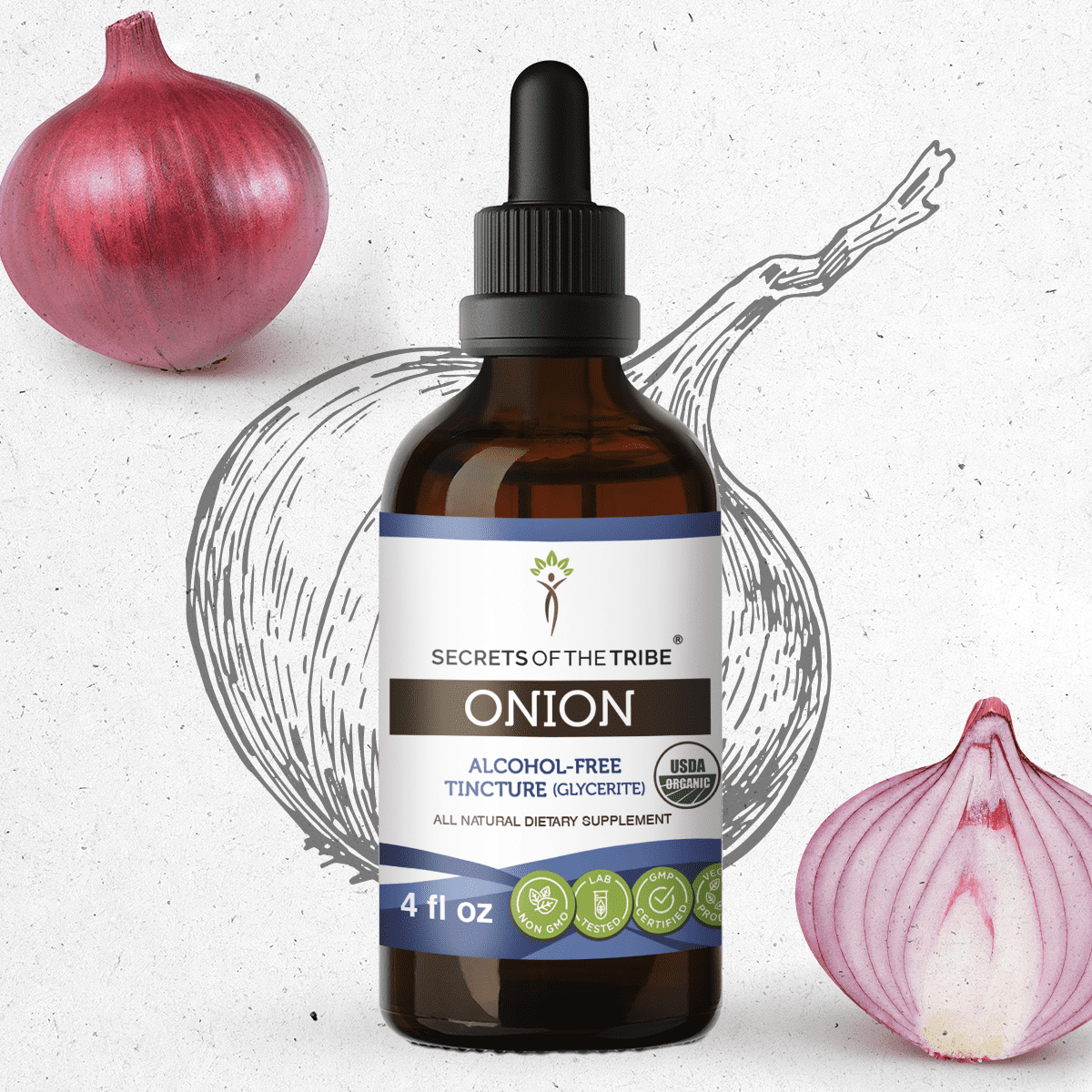 Secrets Of The Tribe Onion Organic Tincture Dietary Supplement, Natural Herbal Extract for Antioxidant Support, Certified Organic Onion (Allium cepa) Dried Bulb, Alcohol-Free Extract, Drops 4 oz