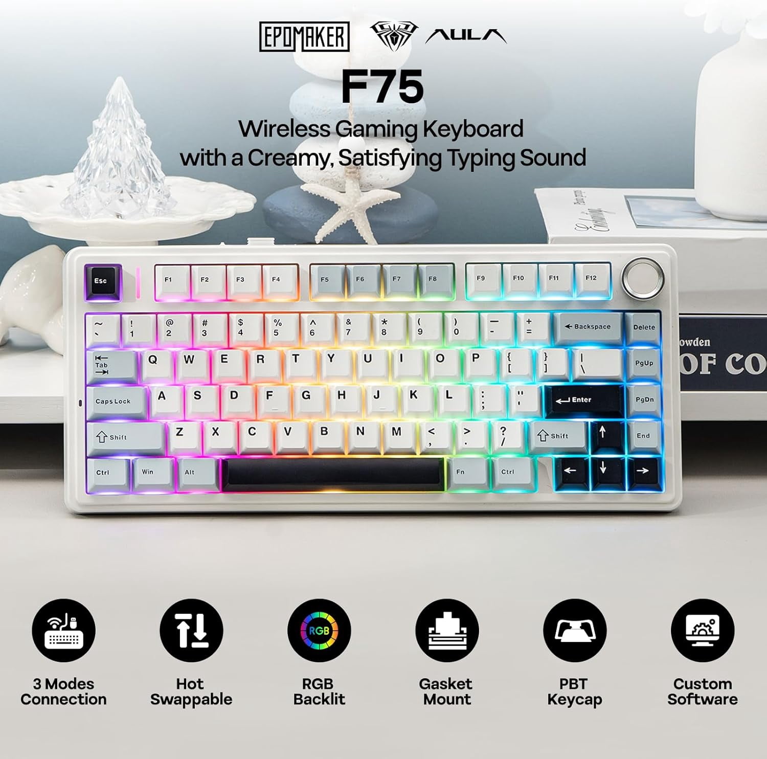 AULA F75 81-Key Wireless Mechanical Gaming Keyboard, RGB Illuminated, Tri-Mode, Hot-Swappable, Knob, Compact 75%, Anti-Ghosting, USB-A, Light Blue