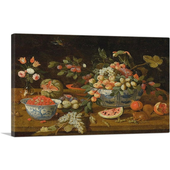 ARTCANVAS Still Life With Fruits Porcelain Bowls Vase Of Flowers Two Squirrels Eating Nuts Canvas Art Print by Jan Van Kessel Younger - Size: 12" x 8" (0.75" Deep)