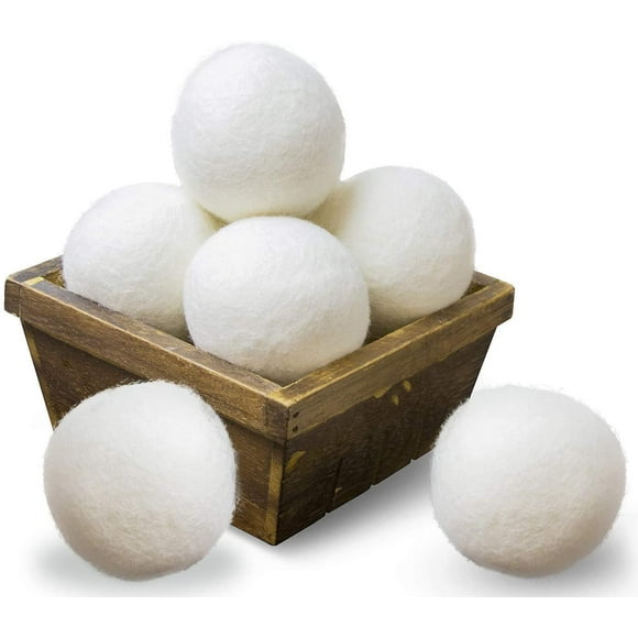 SnugPad Boules de Séchage en Laine Taille TG, Lot de 6, Assouplissant Naturel pour Tissus 100 % Laine de Nouvelle-Zélande Biologique de Qualité Supérieure, Sans Produits Chimiques et Réduit les Rides, 1000+ Brassées, Sécuritaire pour Bébé, Économise l'Énergie et le Temps, Blanc, Lot de 6