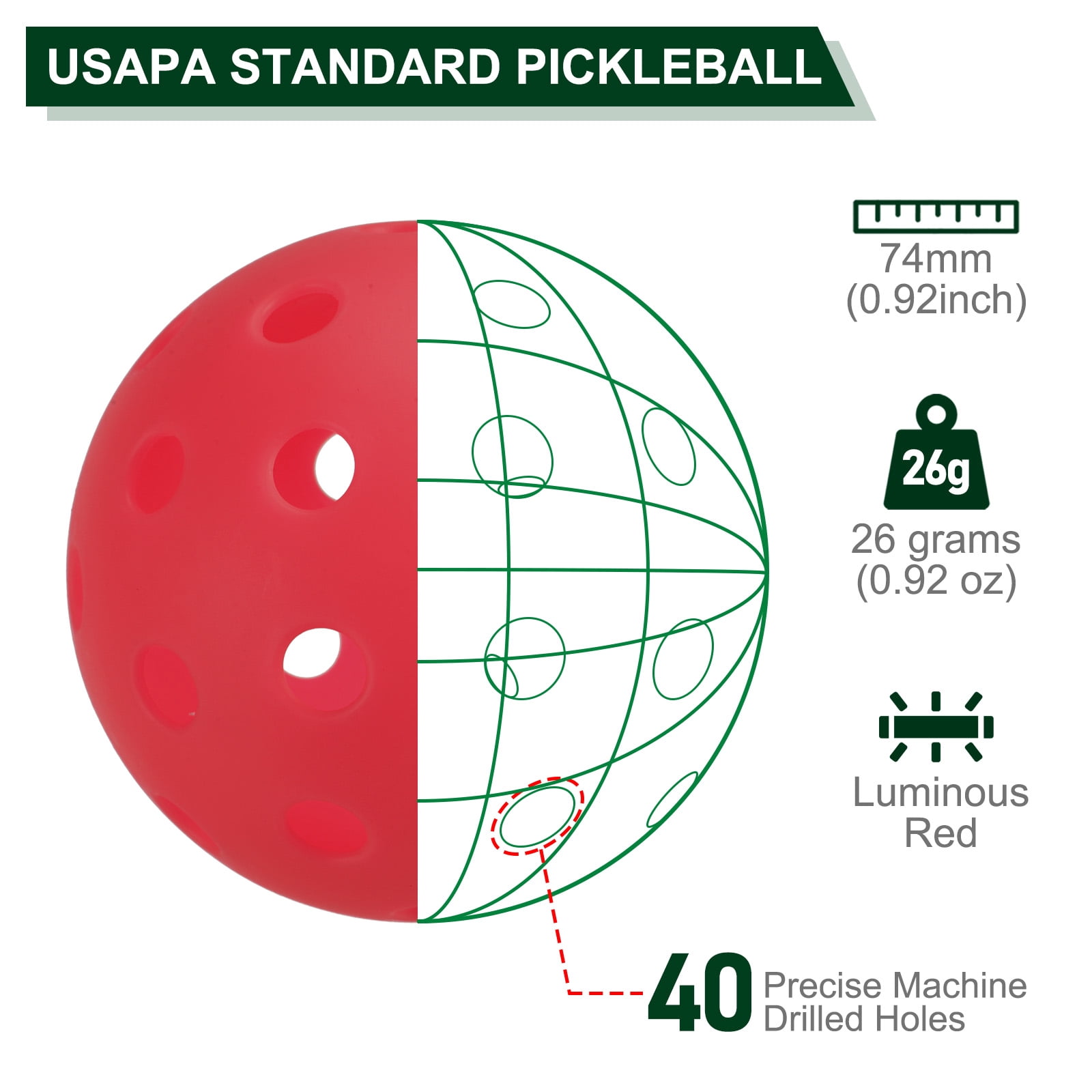 Luminous Pickleball Balls 40 Holes Glow in the Dark Pickleball Balls with Mesh Bag Red, 6 Pack