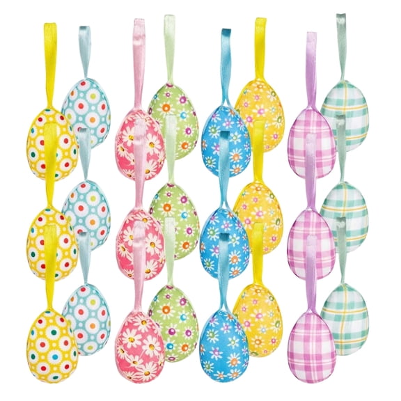24 PCS Easter Eggs Hanging Ornaments, Buffalo Plaid Dots Easter Hanging Eggs Decorations, Colorful Decorative Baubles Ornaments, Spring Farmhouse Tree Ornaments Basket Filler Decor