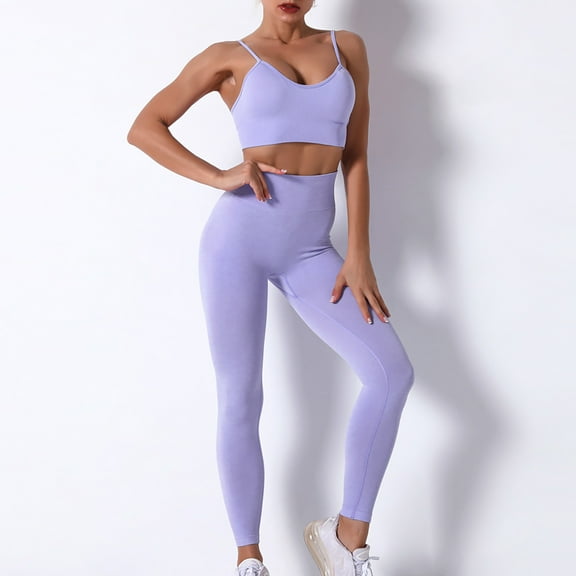 Homenesgenics 2 Piece Outfit for Women Plus Size Ladies Seamless Hollow Yoga Sleeveless Yoga Suit Sports Fitness Running Yoga Set Purple S