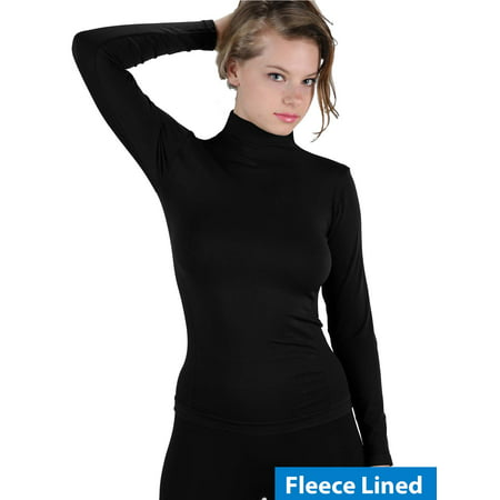 Women Fleece Lined Mock neck Turtleneck Long Sleeve Top Slim Fit Stretch Tight (Best Turtlenecks Women's 2019)