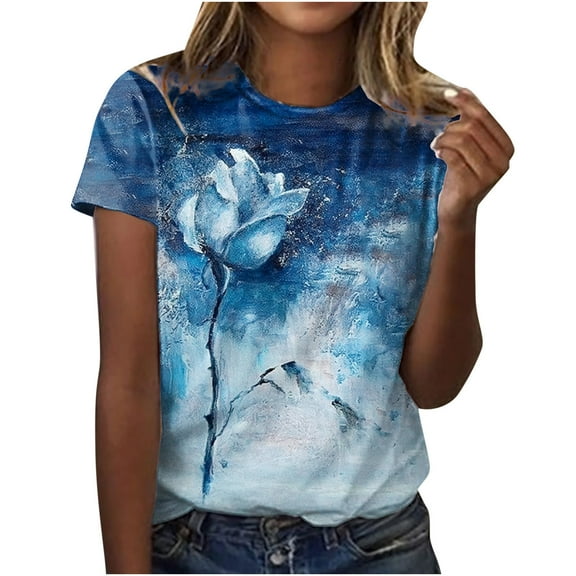 Black and Friday Deals 2023 asdoklhq 2023 Summer Fall Plus Womens Tops,Ladies Tops Clearance,Womens Shirts under $5,Women's Casual Loose Floral Print Crewneck Printed Short Sleeve T-Shirt Tops