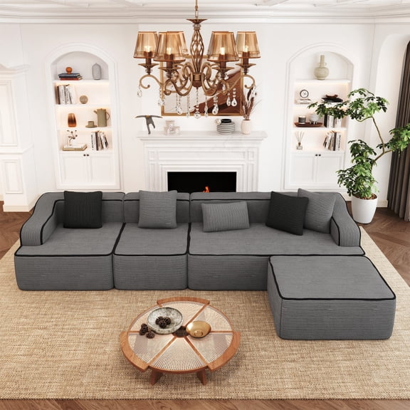 Summit Living 134" Modular Sectional Sofa with Deep Seat, L-Shaped Comfy Corduroy Cloud Couch with Ottoman, No Assembly Required, Dark Gray