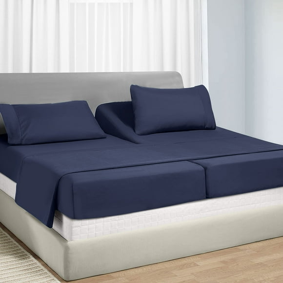 Split King Sheets for Adjustable Bed, Soft 100% Cotton Sheets, 400 Thread Count Sateen, 5 Pc Set - 2 Twin-XL Fitted Sheets, Deep Pocket Sheets, Cooling Sheets, Beats Egyptian Cotton (Indigo Navy Blue)