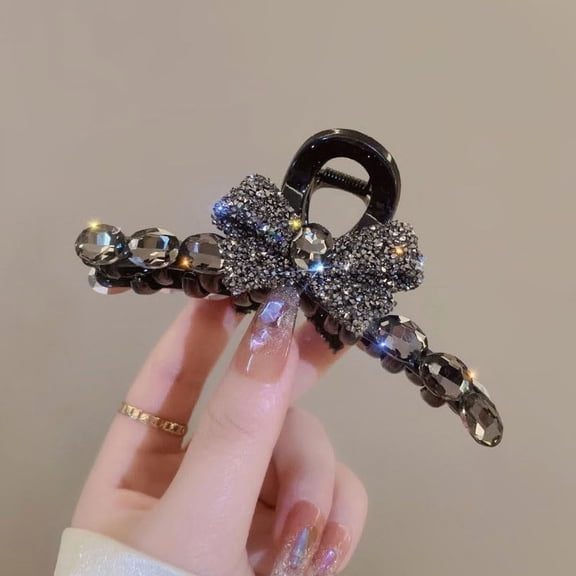 Homlyo Black Smoky Crystal Four-leaf Clover Hair Claw Clip, Sparkling Rhinestone Non-slip Large Jaw Barrettes, Elegant Bling Floral Hair Catch for Women Thick Updo Hair
