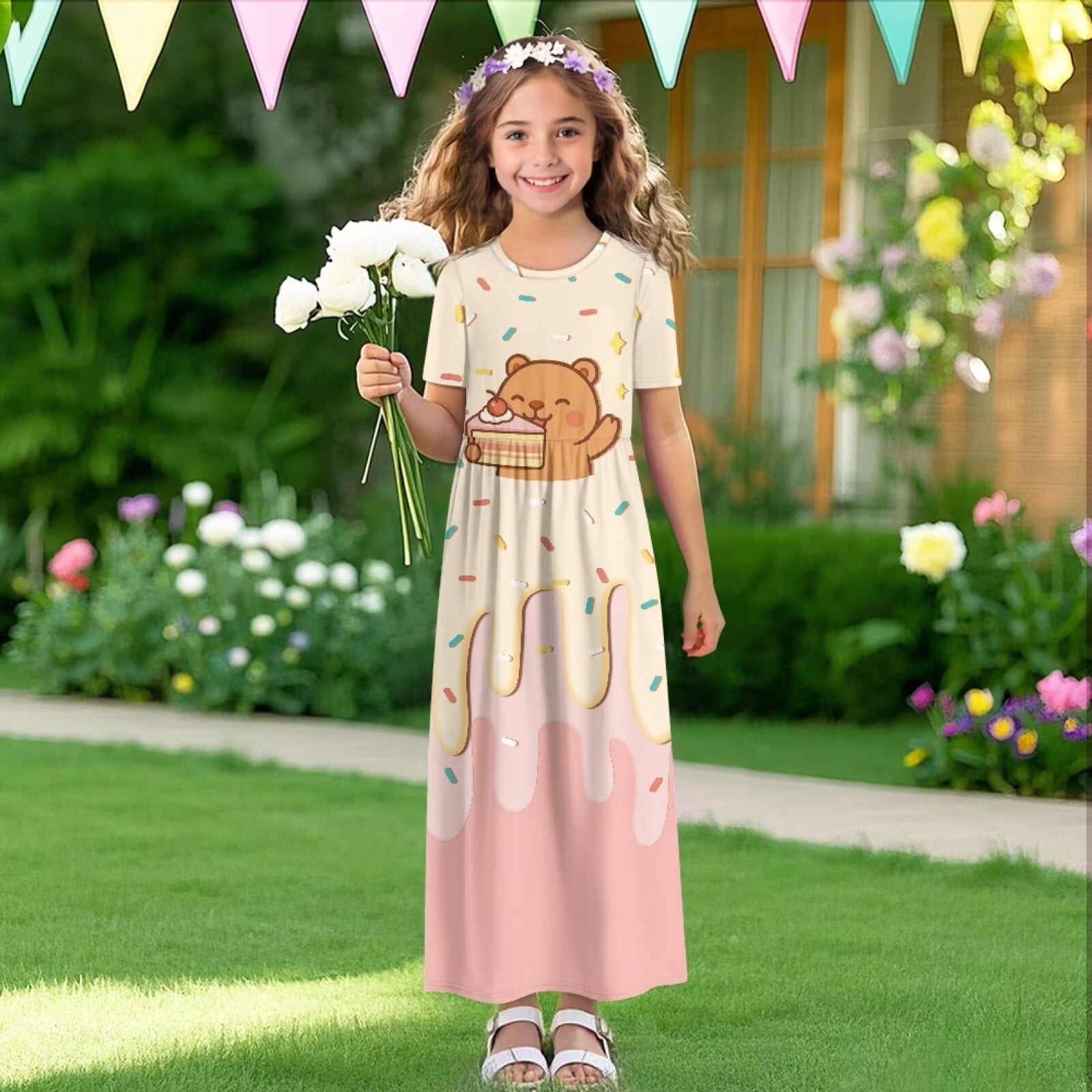 Uourmeti Girl's Short Sleeve Dress Cute Capybara Cake Print Round Neck Loose Casual Long Maxi Dress with Pockets Flowy Cute Outfits, Size 7-8 Years