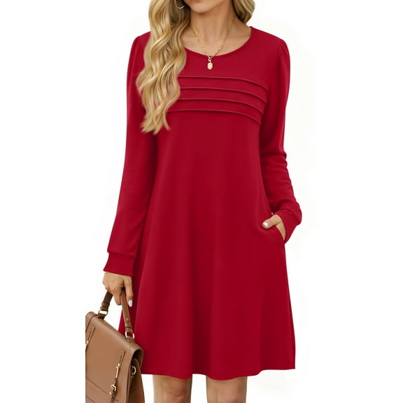 Fantaslook Pleated Long Sleeve Dresses for Women Fashion Fall Dresses Casual Dress with Pockets
